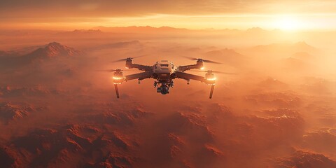 Naklejka premium A drone with cameras and lights flying over the red desert, with dust clouds rising from below. The sun is setting in the background, casting long shadows on the rugged terrain. High-resolution photog