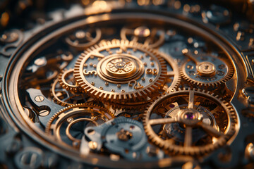 Intricate CloseUp of Antique Clock Mechanism with Golden Gears and Cogs