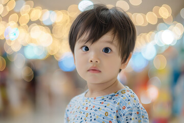 Adorable Toddler with Big Eyes Surrounded by Bokeh Lights in a Shopping Mall