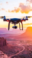 Fototapeta premium A drone with cameras and lights flying over the red desert, with dust clouds rising from below. The sun is setting in the background, casting long shadows on the rugged terrain. High-resolution photog