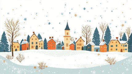 Snowy village landscape with cozy homes and tall trees in a winter wonderland setting