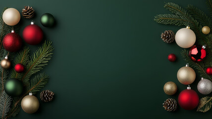 Festive Christmas decorations with red, green, and gold ornaments, pine cones, and evergreen branches create joyful holiday atmosphere. Perfect for seasonal celebrations
