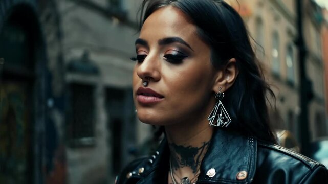 Contemplative close-up of a young woman with punk rock style, wearing a septum ring, bold eyeliner, and a leather jacket, gazing into the distance. Blurred cityscape in the background adds depth. 4K v