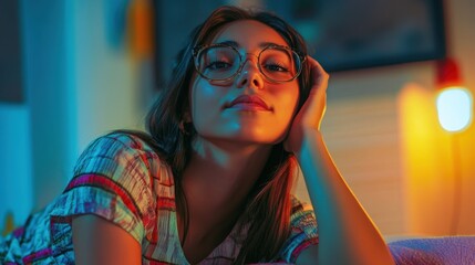A woman in glasses with a calm expression, reclining on a bed in a minimalistic room, illuminated by soft, natural