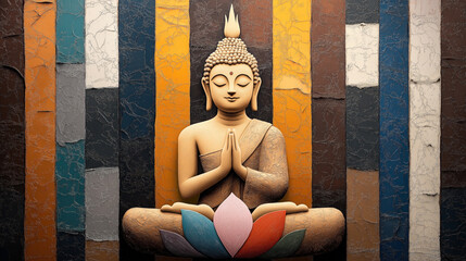 3D of a serene Buddha statue in a meditative pose against a textured, multicolored abstract background. The statue is centered and surrounded by vertical stripes.