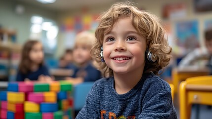inclusive education, child with hearing aids having fun at storytime in an inclusive class with friends, teachers, and adaptive materials