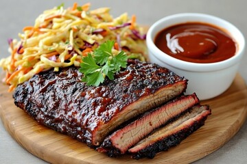 Smoked Brisket with BBQ Sauce and Coleslaw