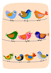 Set of cute cartoon birds and floral, flower and nature vector illustration. Colorful, baby animals theme design.