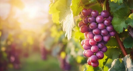 Fototapeta premium Freshly picked grapes hang in the vineyard under the warm afternoon sun near harvest season
