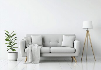 Cozy modern living room setup with a gray sofa and stylish floor lamp in a minimalist space