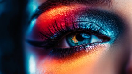 Fototapeta premium Close-up of a woman eye with detailed makeup, vibrant colors in the background, high contrast and sharp focus