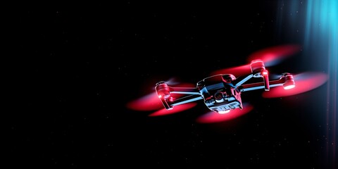 A small drone made of glowing  glass floats in the air, with a dark background and dark tones. 