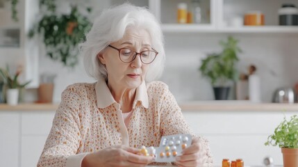 Elderly woman with white hair, glasses, examining medicine package at table, light kitchen and green plants in background