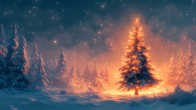 winter scene lone evergreen tree in snow, lit by last light of solstice day, symbolizing resilience and renewal