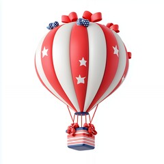 Red, white, and blue hot air balloon with stars and stripes and red ribbon.