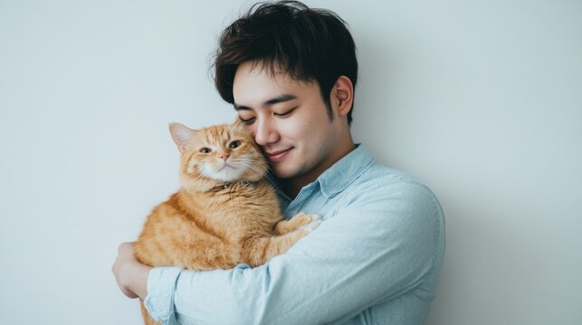 Asian man in a light blue shirt hugging an orange cat, standing against a white wall, soft even lighting