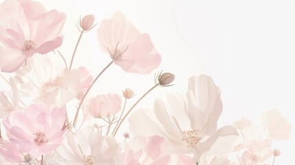 White and pink flowers softly blending into a watercolor background with blurred edges, isolated on white for postcards, banners