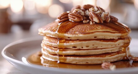 Delicious stack of fluffy pancakes topped with pecans and syrup on a rustic table