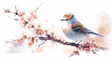 Artistic watercolor of a small bird on a blooming branch with soft pastel flowers isolated illustration on white background for postcards banners high quality sharp detail and definition