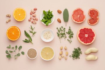 Fresh fruits and herbs arranged artistically, featuring oranges, grapefruits, nuts, and various herbs. This vibrant display highlights healthy eating and natural ingredients