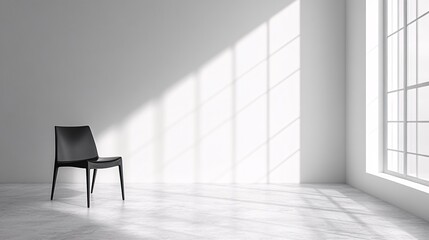 A minimalist black chair sits in a sunlit, empty room with large windows, casting soft shadows on the white wall and floor.