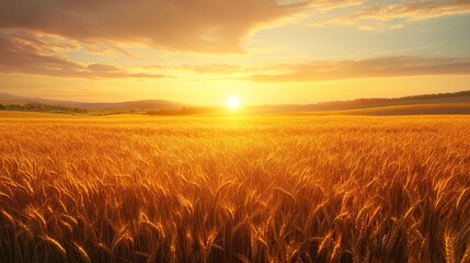 Obraz premium A golden wheat field under a vibrant sunset, with the sun casting a warm glow across the horizon and clouds gently adorning the sky.