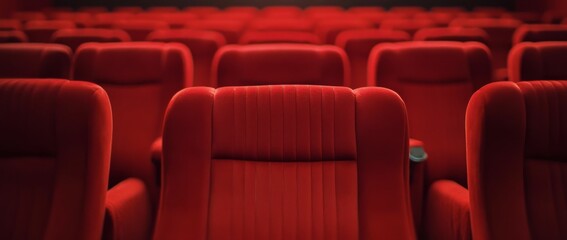 Empty red theater seats await moviegoers in a dimly lit cinema setting