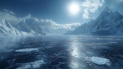 Snowy Mountains and Glaciers: A Winter Wonderland with Ice Lakes and Vehicles for Advertising Backgrounds