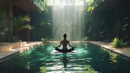 A serene figure meditates by a tranquil pool, surrounded by lush greenery and a gentle waterfall, evoking peace and mindfulness.