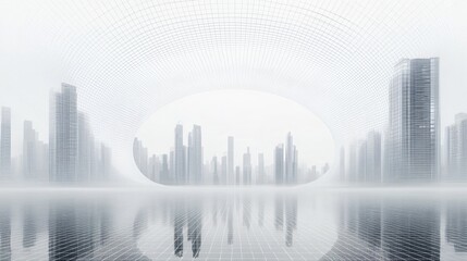Fototapeta premium Urban Illusion: Commercial CBD Skyline with Exhibition Platforms and E-Commerce Under a Bright Sun