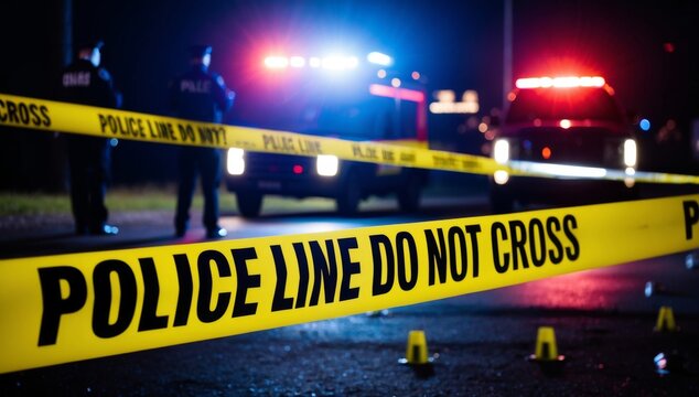 Yellow Police Line Do Not Cross Tape at a Crime Scene at Night