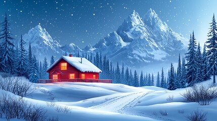 Naklejka premium Cozy Red Cabin in Snowy Mountain Landscape