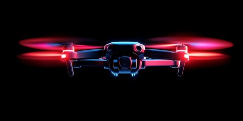 A small drone made of glowing  glass floats in the air, with a dark background and dark tones. 