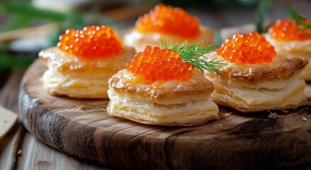 Delicious puff pastries topped with vibrant orange caviar on a rustic wooden platter