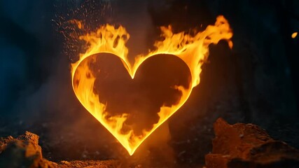 A fiery heart burns brightly against a dark backdrop