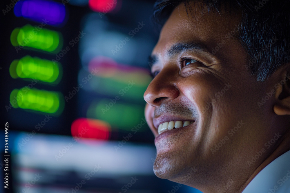 Poster smiling professional analyzing data in a control room at night
