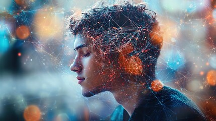 Contemplative student immersed in complex network of thoughts abstract digital concept, Ai
