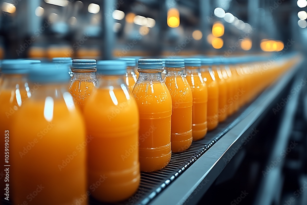 Poster Automated Beverage Production Line with Orange Juice Bottles : Generative AI