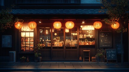 A cozy shopfront illuminated by lanterns, featuring a wooden facade and a warm ambiance, ideal for evening visitors.