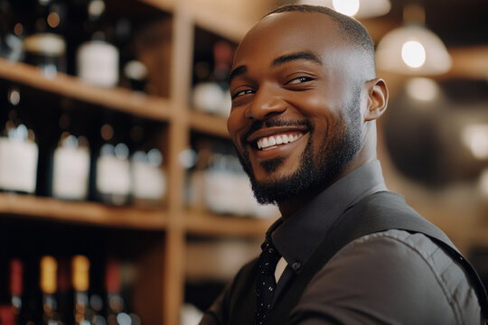 Smiling bartender serving wine in a cozy bar setting