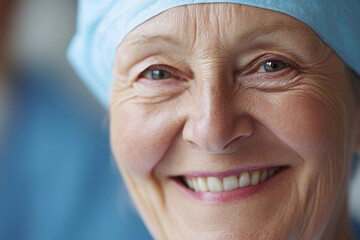 Smiling healthcare worker in surgery attire at hospital