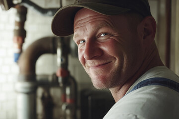 Smiling plumber working in a residential setting in the afternoon