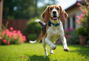 Happy Beagle Dog Running Joyfully in a Sunny Garden