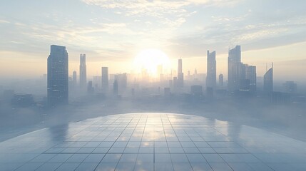 Urban Illusion: Commercial CBD Skyline with Exhibition Platforms and E-Commerce Under a Bright Sun