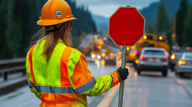 Female Construction Worker Managing Traffic with Stop Sign on Roadway