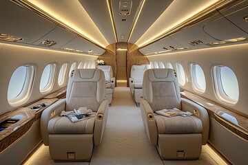 Obraz premium Elegant and Spacious Private Jet Interior with Refined Amenities : Generative AI