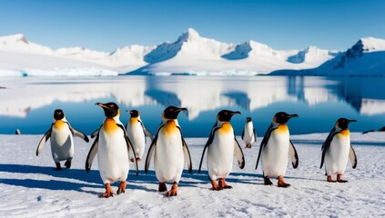 Obraz premium King Penguins Walking on Snow in Antarctica