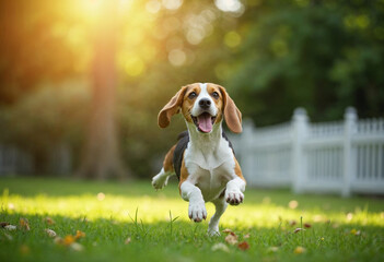 Joyful Beagle Dog Running Freely in Sunlit Garden