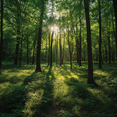 Obraz premium Lush green forest with sunlight filtering through trees, creating serene atmosphere. vibrant greenery and dappled light evoke sense of tranquility and connection to nature