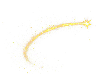 Golden shooting star streaks across  isolate on transparent background, leaving a trail of sparkling dust, cutout, png